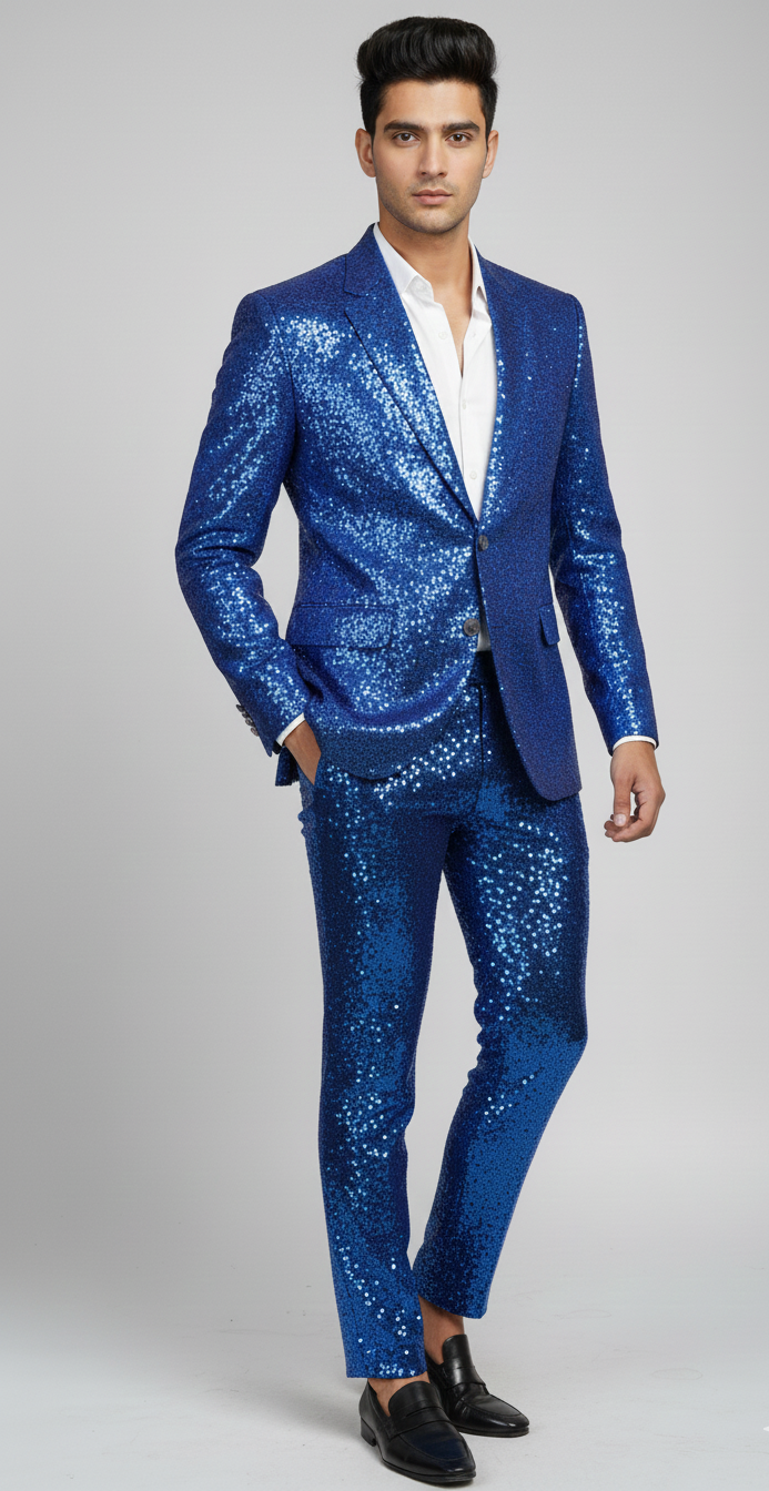 Men’s Royal Blue Sequin Party Suit – Premium Shiny Blazer & Pants Set