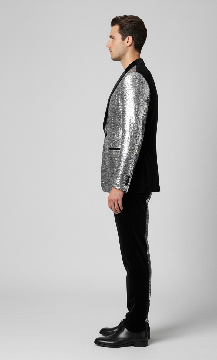 Men’s Silver & Black Dual-Tone Sequin Suit – Bold Designer Party Wear