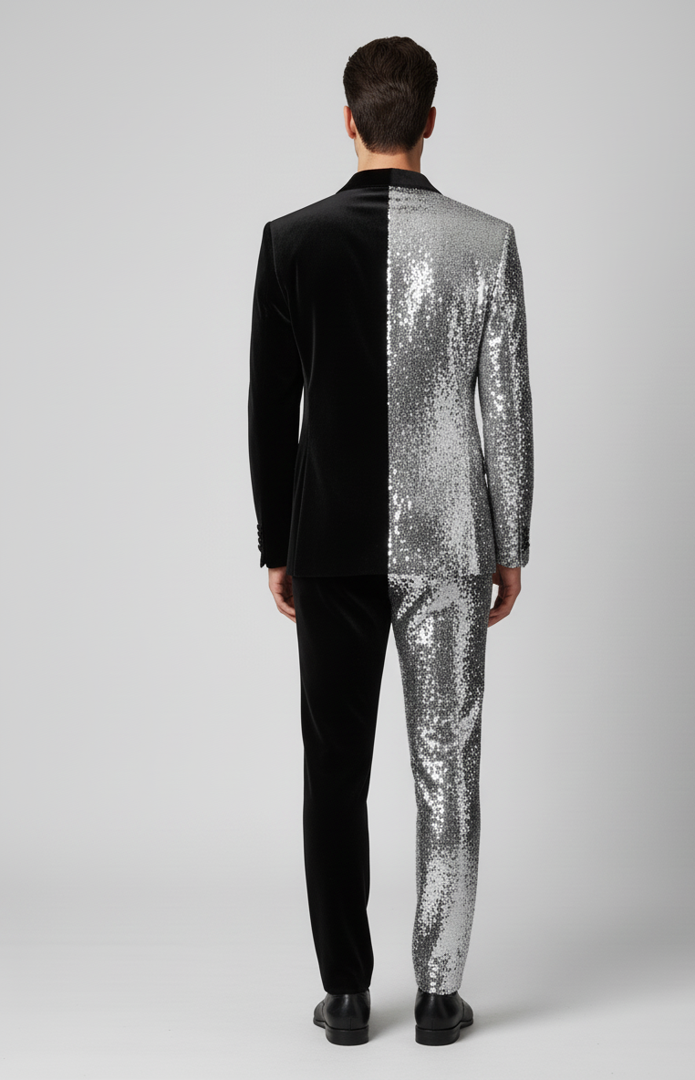 Men’s Silver & Black Dual-Tone Sequin Suit – Bold Designer Party Wear