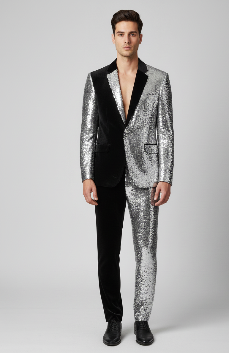 Men’s Silver & Black Dual-Tone Sequin Suit – Bold Designer Party Wear