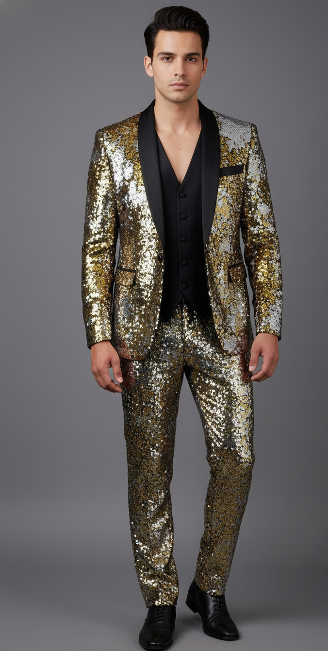 Men’s Gold & Silver Sequin Tuxedo Suit – Luxury Party Wear Blazer & Pants Set