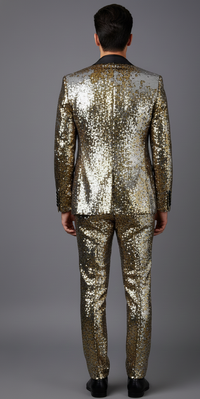 Men’s Gold & Silver Sequin Tuxedo Suit – Luxury Party Wear Blazer & Pants Set