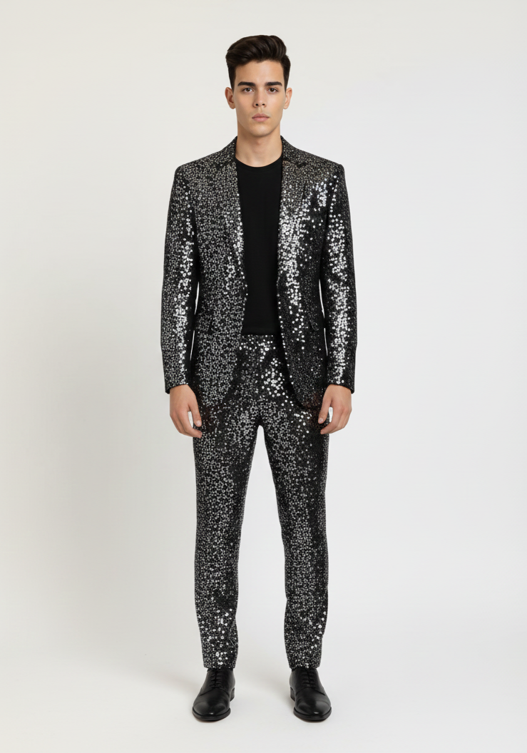 Men’s Black Sequin Suit – Premium Shiny Party Blazer & Slim-Fit Pants Set