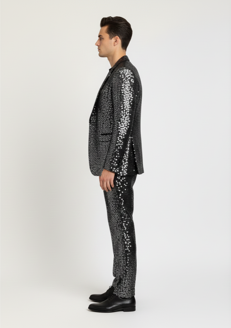 Men’s Black Sequin Suit – Premium Shiny Party Blazer & Slim-Fit Pants Set
