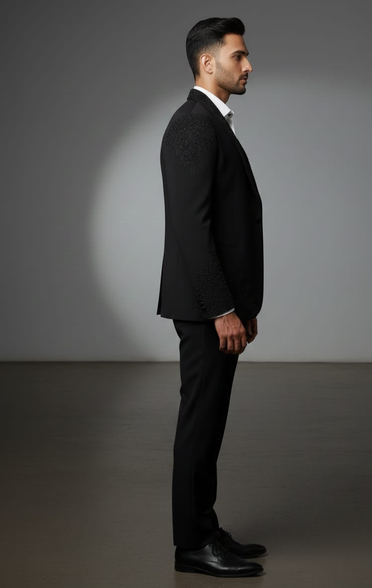 Elegant Black Embroidered Men's Formal Suit