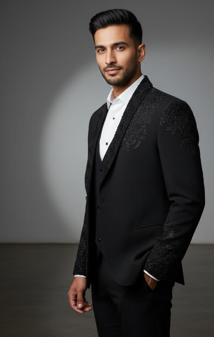 Elegant Black Embroidered Men's Formal Suit