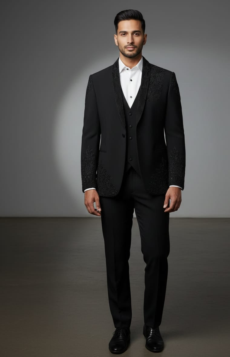 Elegant Black Embroidered Men's Formal Suit