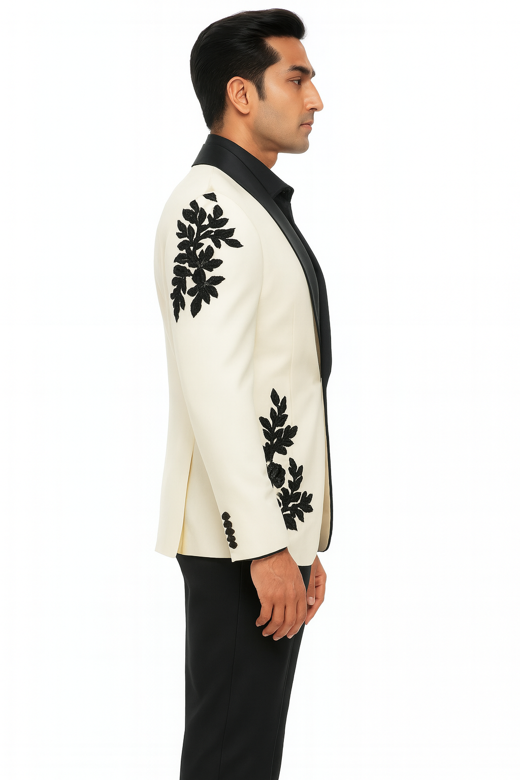 Elegant Ivory Tuxedo with Black Floral Embroidery