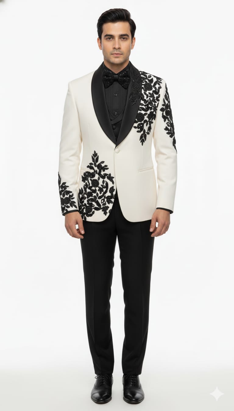 Elegant Ivory Tuxedo with Black Floral Embroidery