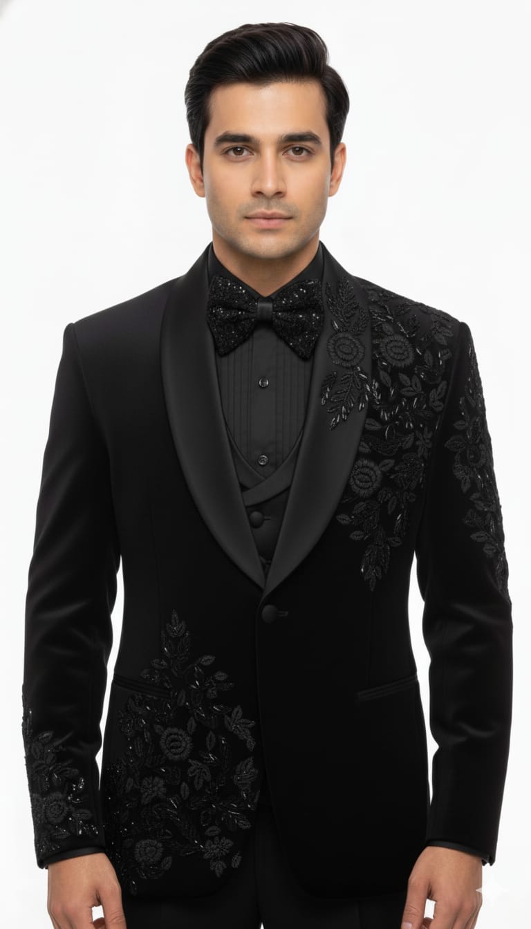 Black Luxury Embroidered Tuxedo with Satin Lapel