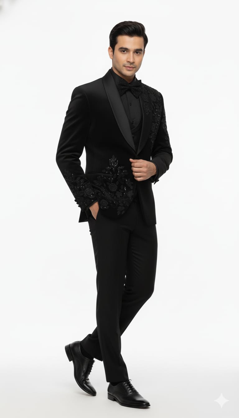 Black Luxury Embroidered Tuxedo with Satin Lapel