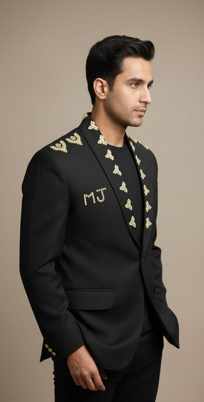 Black Designer Blazer with Gold Embroidery