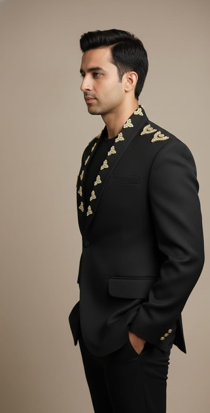 Black Designer Blazer with Gold Embroidery