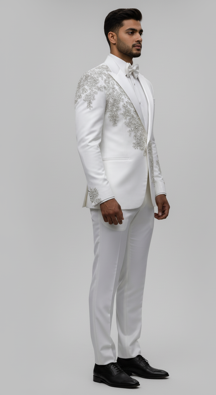 Luxury White Embroidered Tuxedo for Groom & Special Events