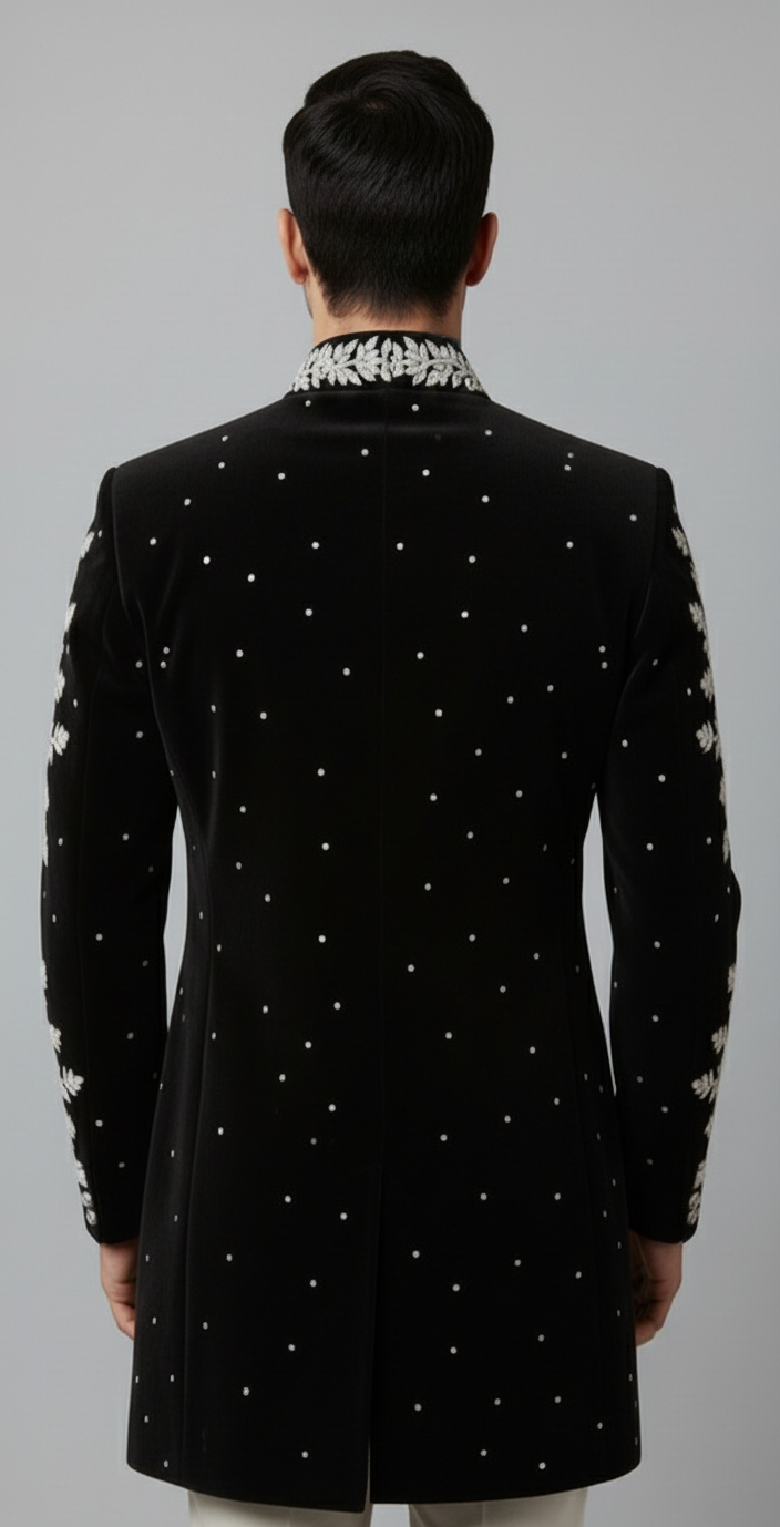 Black Velvet Sherwani with Silver Zari Floral Embroidery