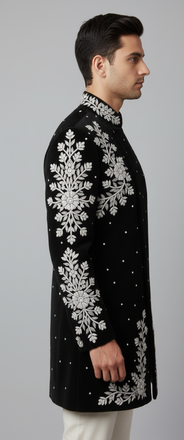 Black Velvet Sherwani with Silver Zari Floral Embroidery