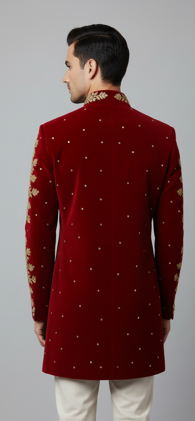 Royal Maroon Velvet Sherwani with Antique Gold Embroidery