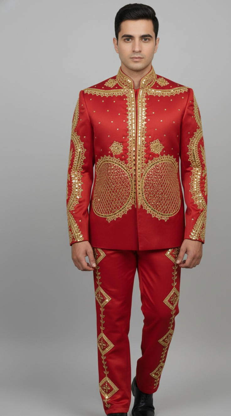 Red Designer Embroidered Jacket Set with Heavy Golden Work