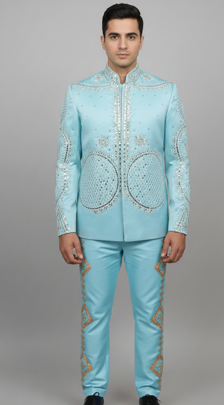 Sky Blue Embroidered Jacket Set with Mirror & Thread Detailing