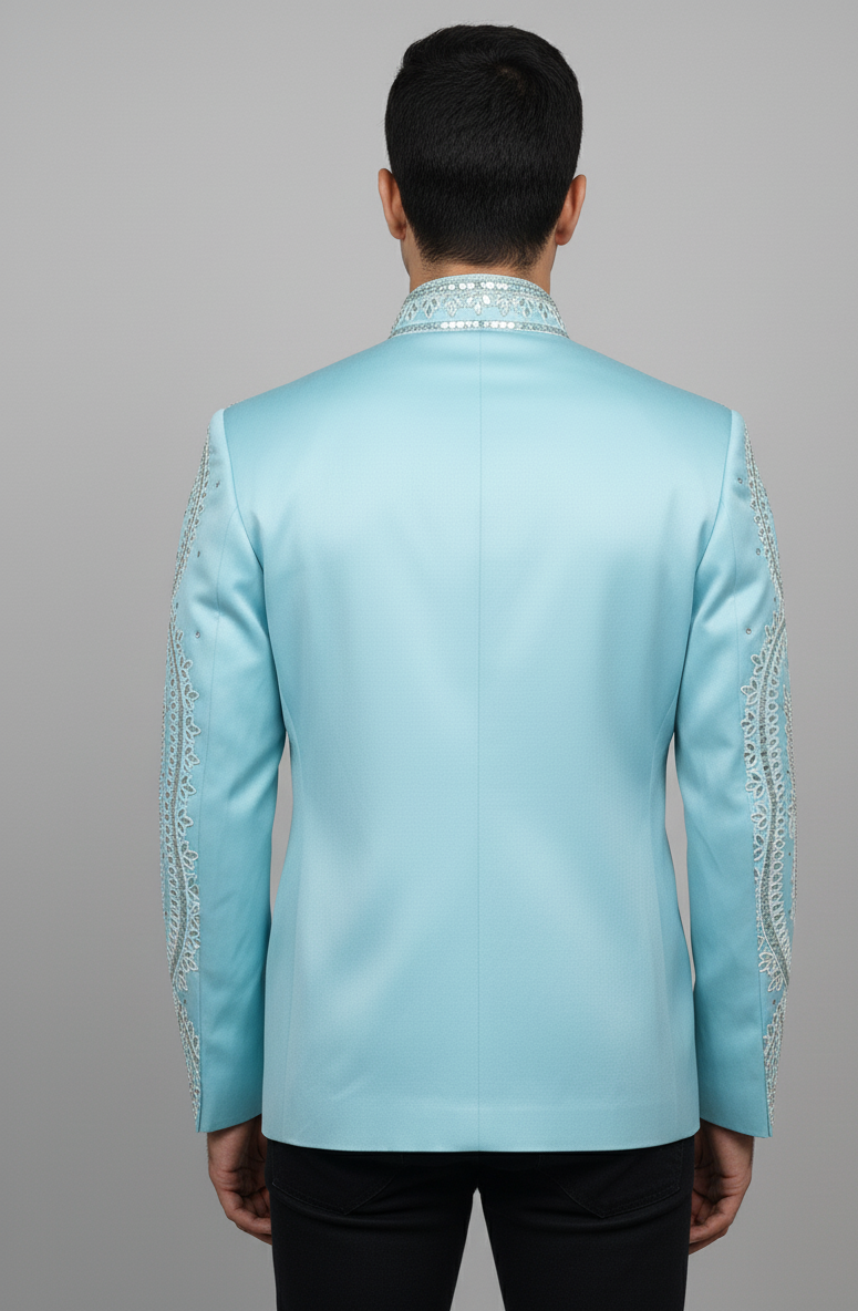 Sky Blue Embroidered Jacket Set with Mirror & Thread Detailing