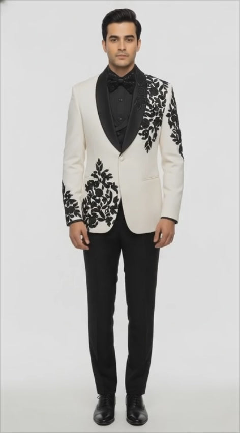 Elegant Ivory Tuxedo with Black Floral Embroidery