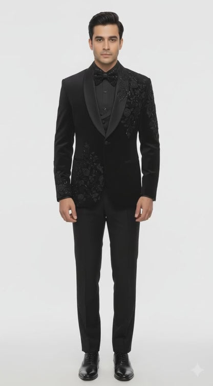 Black Luxury Embroidered Tuxedo with Satin Lapel