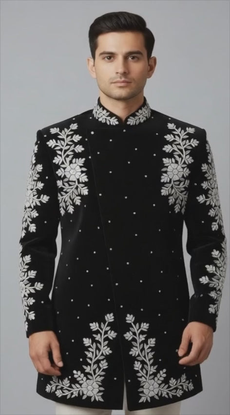 Black Velvet Sherwani with Silver Zari Floral Embroidery