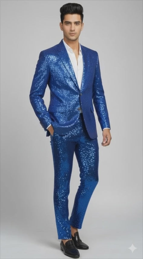 Men’s Royal Blue Sequin Party Suit – Premium Shiny Blazer & Pants Set