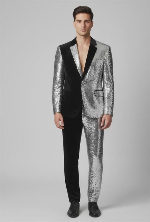 Men’s Silver & Black Dual-Tone Sequin Suit – Bold Designer Party Wear