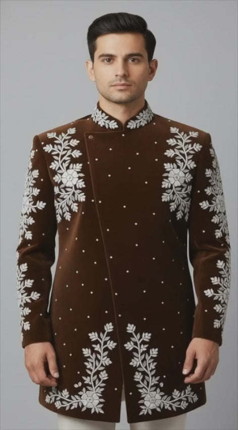 Royal Brown Velvet Sherwani with Silver Thread Floral Detailing