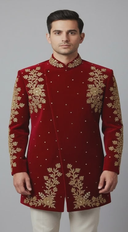 Royal Maroon Velvet Sherwani with Antique Gold Embroidery